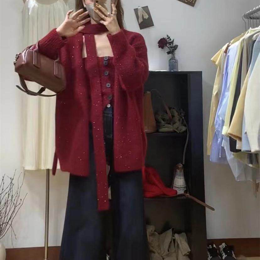 微胖mm亮片金丝围脖韩系修身窄围巾抹胸宽松慵懒外套多穿百搭开衫