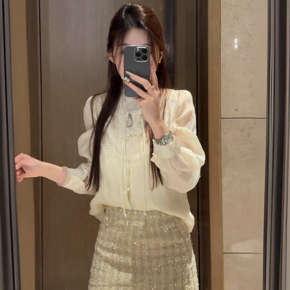 微胖MM新中式复古盘扣蕾丝衬衫