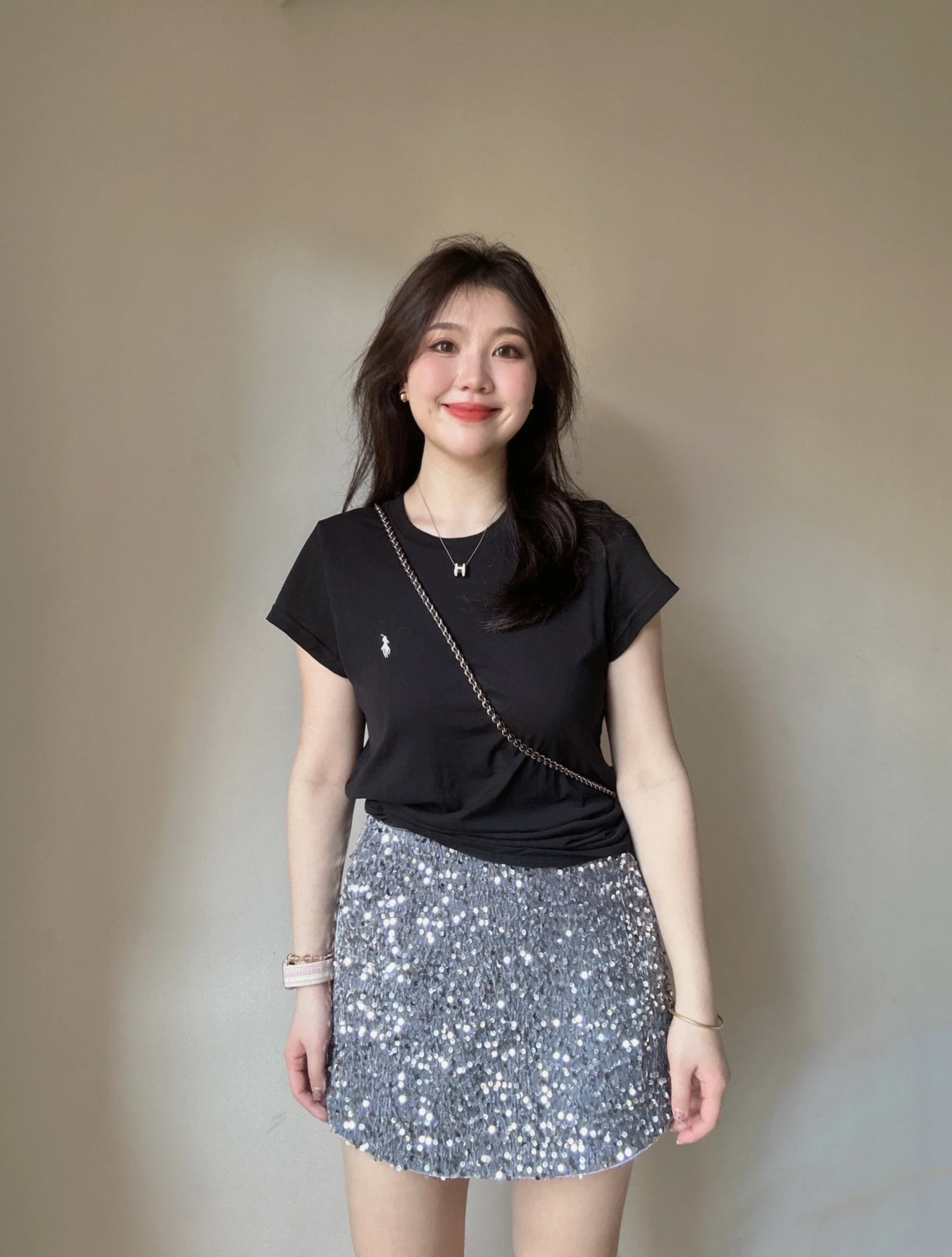 微胖MM甜美套装裙夏季正肩短袖t恤搭配亮片半身短裙甜辣两件套女