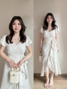 微胖MM甜美温柔风V领白色短袖 绑带收腰显瘦长裙子 连衣裙夏季 新款