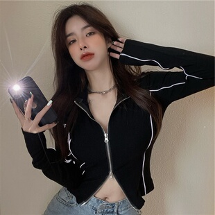 大码女装设计感短款长袖瑜伽服秋季2022新款胖nmm显瘦紧身T恤上衣