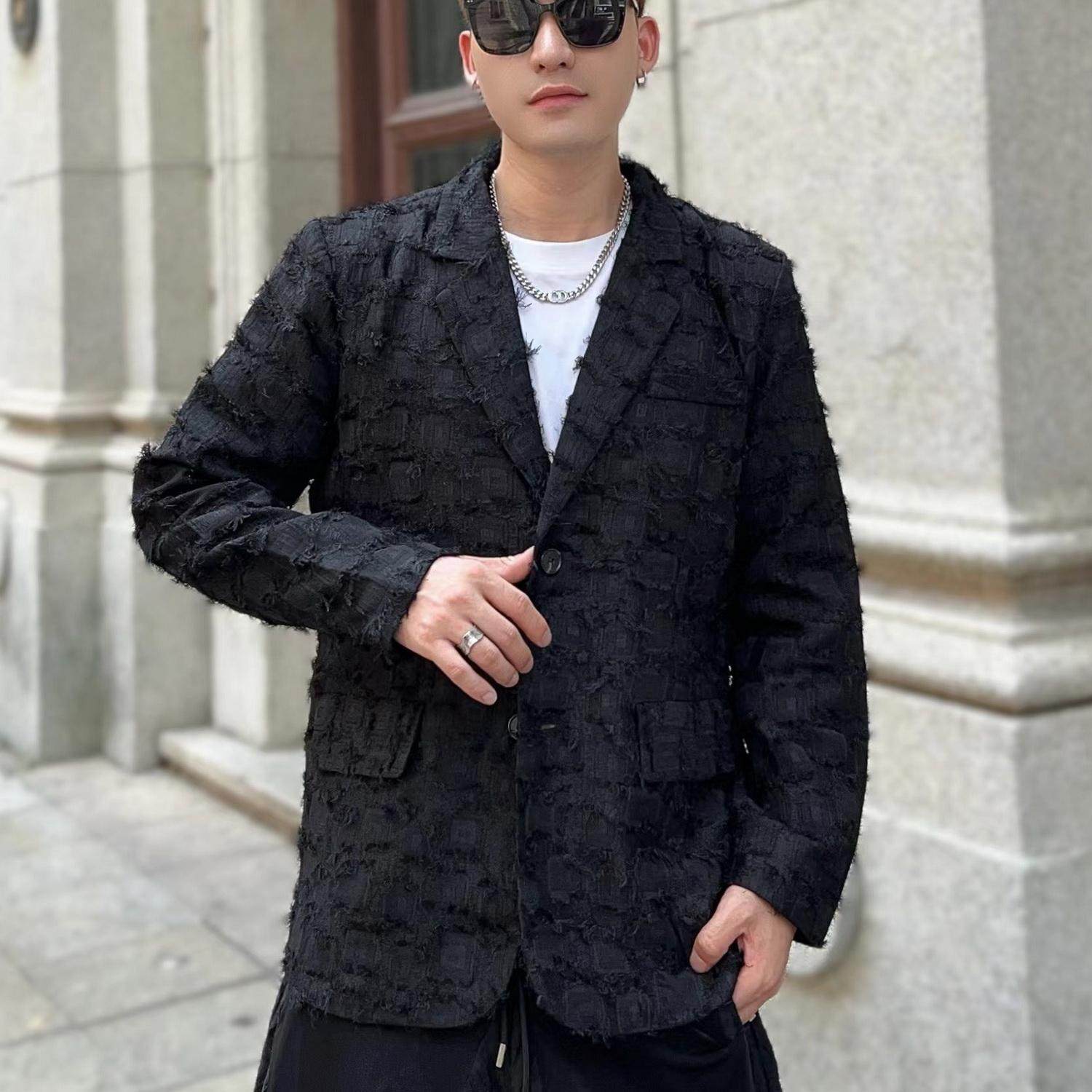 秋冬新款长袖西服暗黑系阔型宽松便服小众设计感百搭休闲外套潮男