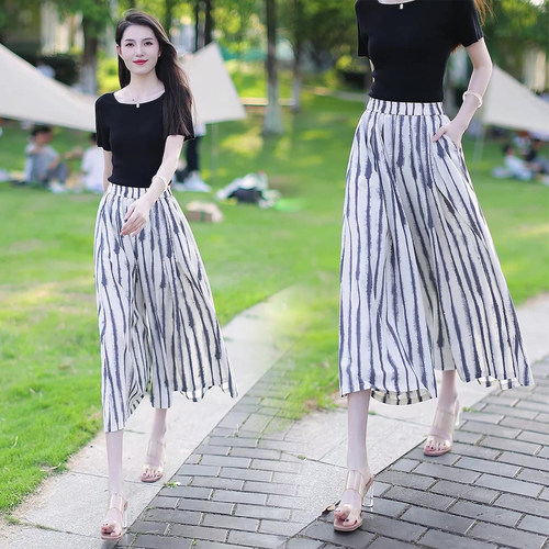 夏季高腰显瘦条纹阔腿九分女裤