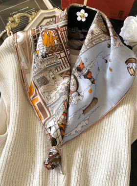 福宝大道灰色真丝小披肩斜纹绸方巾90cm桑蚕丝丝巾女春夏防晒外搭