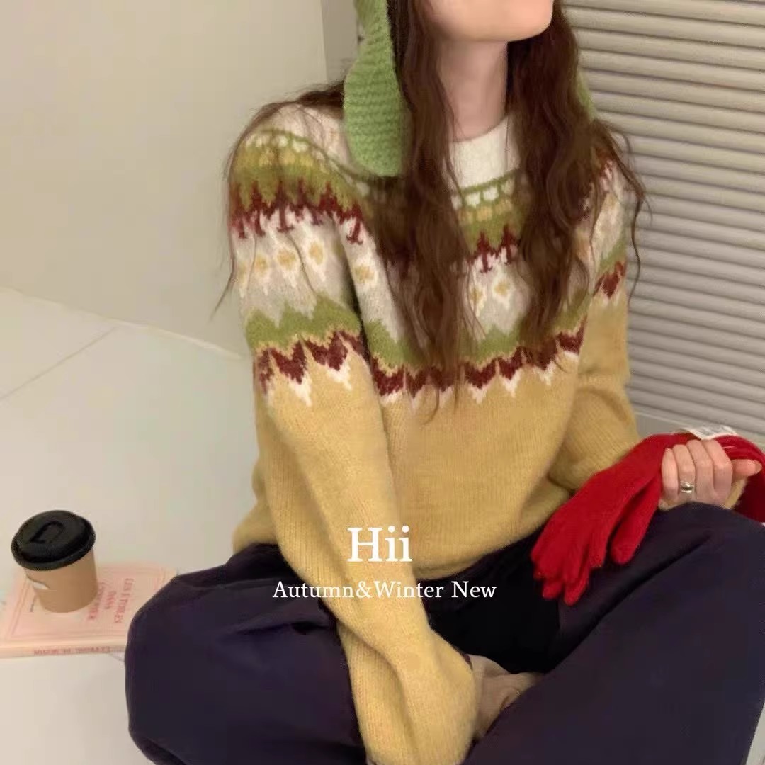 复古费尔岛风复古几何图案针织衫女冬季加厚套头圆领宽松毛衣