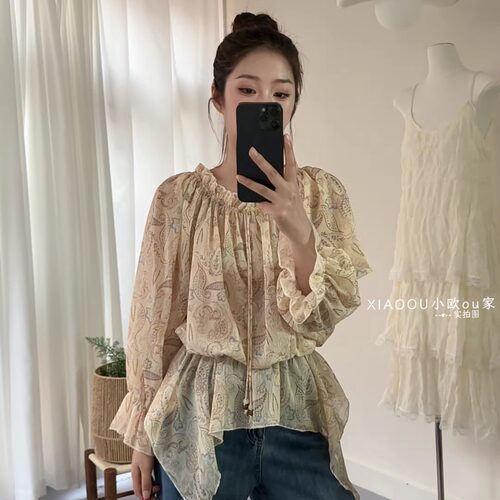 轻熟风百变穿法印花衫女收腰系带气质长袖衬衫显瘦上衣