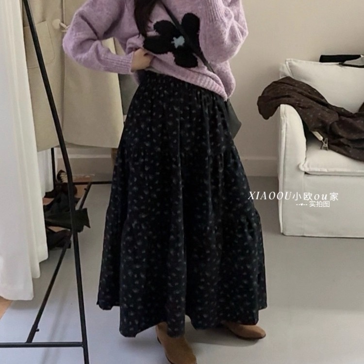 法式田园风碎花半身裙女黑色A字长裙高腰显瘦百搭松紧腰