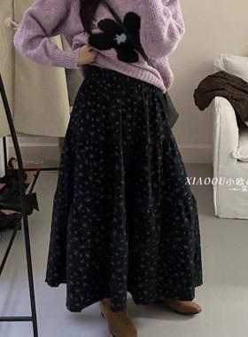 法式田园风碎花半身裙女黑色A字长裙高腰显瘦百搭松紧腰