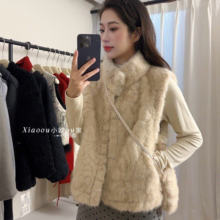 （送包包）韩版时尚立领毛毛马甲女秋冬毛绒绒坎肩外套设计感