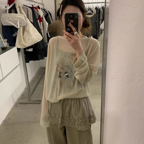 韩式休闲风印花长袖T恤女宽松百搭夏季薄款罩衫上衣