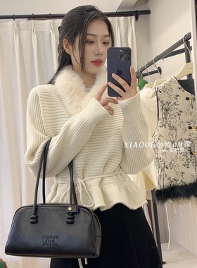 (送毛领)系带针织衫女2025冬季新款设计衣摆高级感气质套头上衣