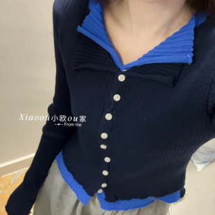 修身 女2025秋季 显瘦设计感上衣 韩系撞色翻领假两件V领针织衫