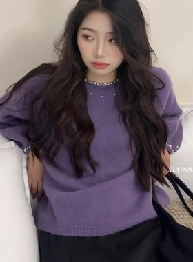 韩系重工钉珠圆领毛衣女2025秋冬新款宽松软糯设计感套头针织上衣