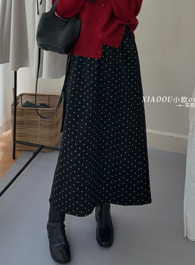 复古风波点半身裙女高腰显瘦韩系百搭加绒中长裙