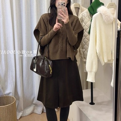 气质宽松氛围感麻花高领斗篷长袖打底针织衫两件套女秋冬针织上衣