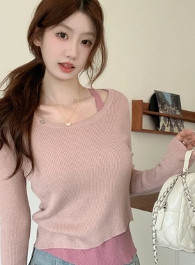 2025秋冬新款韩系简约设计感假两件针织百搭漂亮上衣