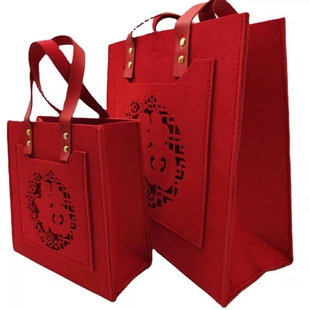结婚红色手提袋结婚新娘手提包红色包包定制logo定颜色毛毡托特包