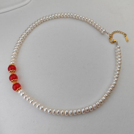 近无暇天然淡水珍珠项链女馒头珠强光白色带延长链礼物宝7-8mm