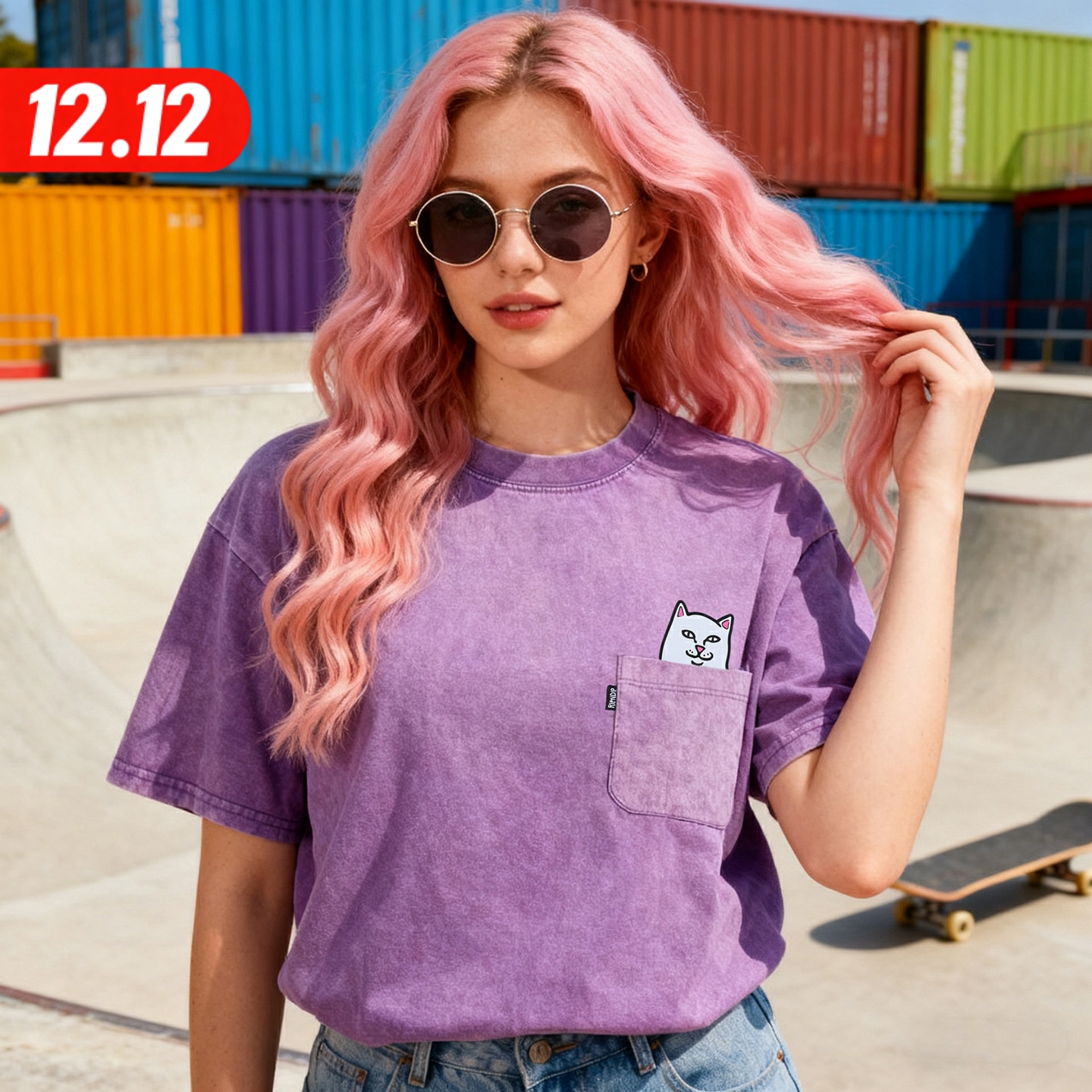 美国潮牌RIPNDIP贱猫口袋中指猫短袖T恤经典款紫色做旧男女情侣款