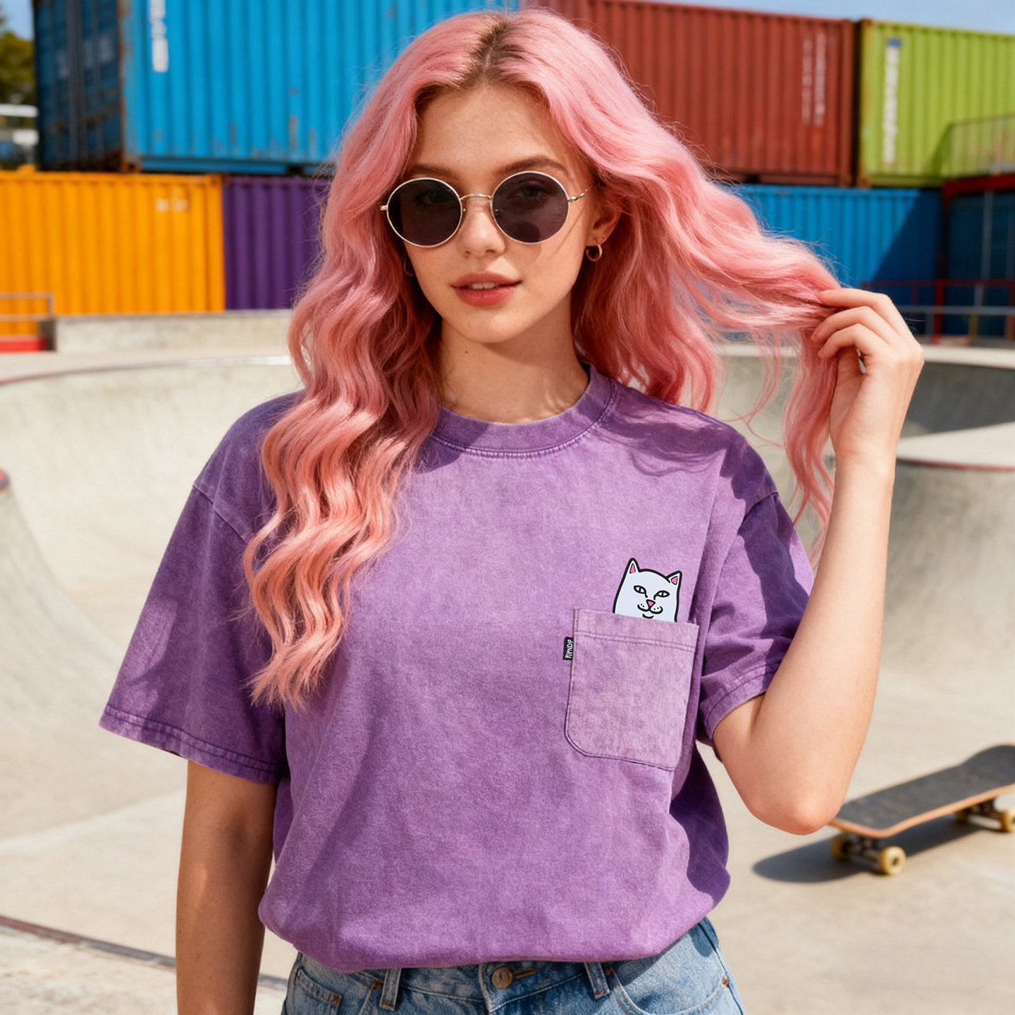 美国潮牌RIPNDIP贱猫口袋中指猫短袖T恤经典款紫色做旧男女情侣款