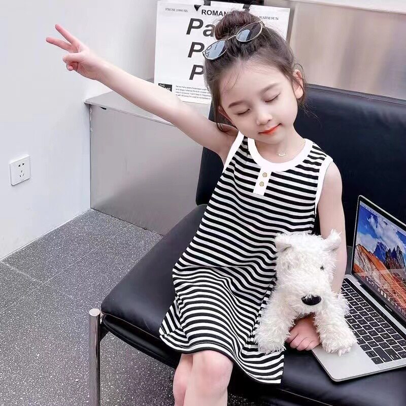 5夏装4女童6无袖条纹背心连衣裙7儿童装8小女孩3岁撞色T恤裙2宝宝