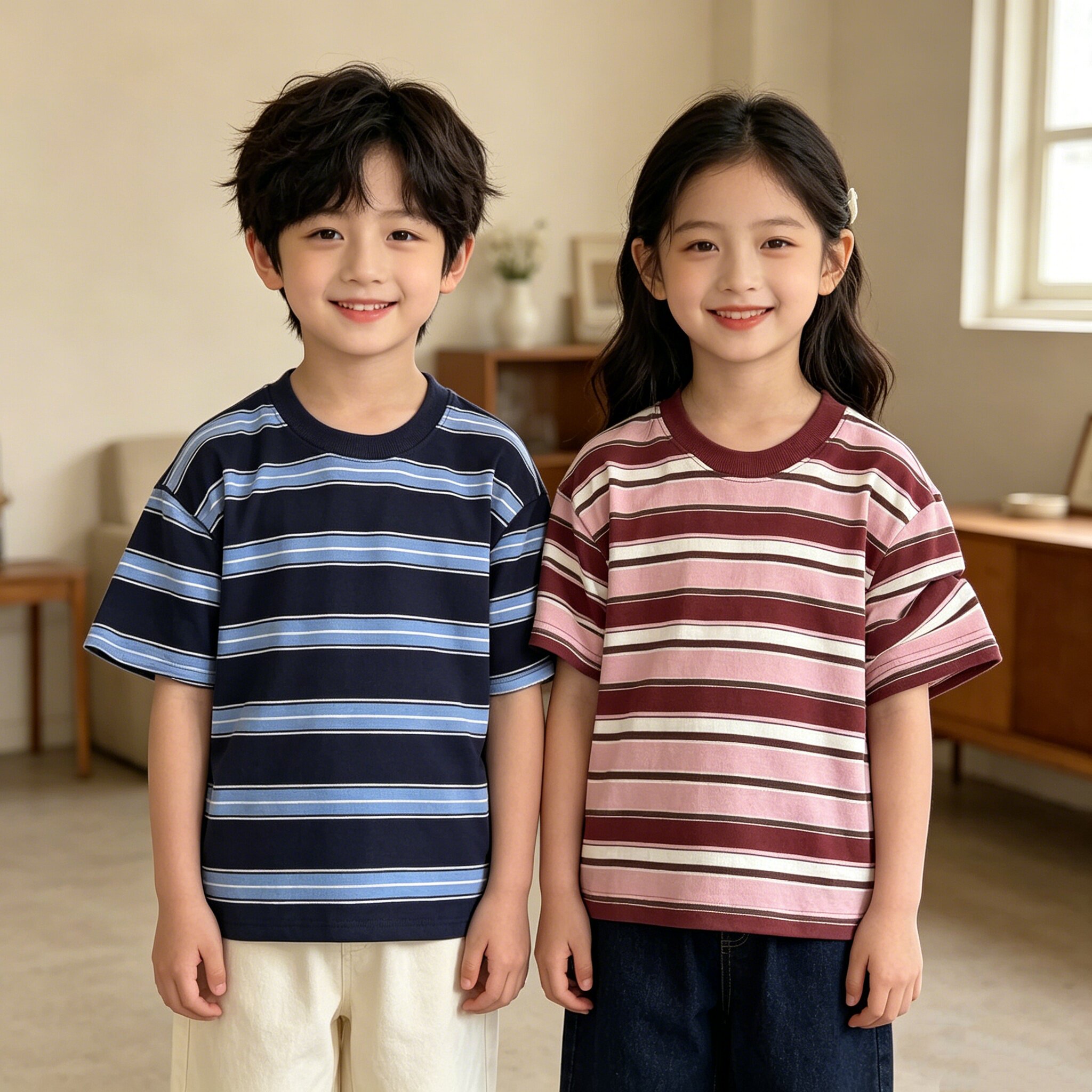 5夏装4男童6纯棉彩色条纹短袖T恤衫7中大童8女童3岁半袖上衣2宝宝