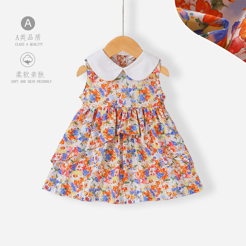5夏装4女童无袖田园风碎花公主裙子2儿童装小女孩3岁荷叶边连衣裙