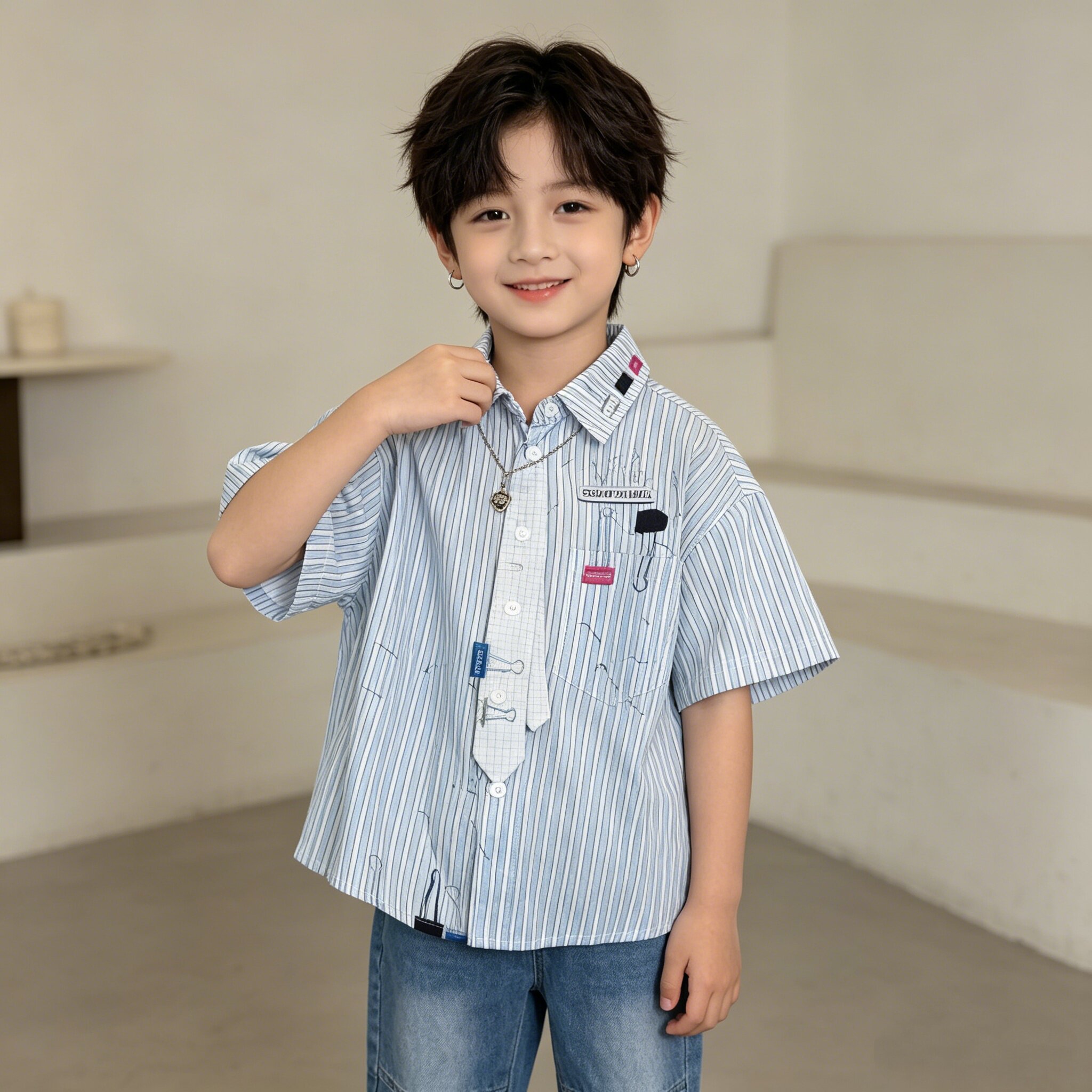 5夏装4男童6学院风条纹短袖衬衫7中大童8小男孩3岁蓝色上衣2宝宝