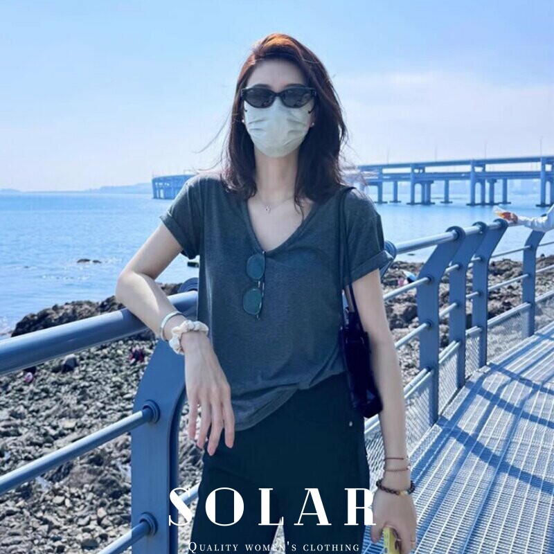 SOLAR/韩系复古灰色u领短袖T恤女2026夏高级感显瘦正肩体恤上衣薄