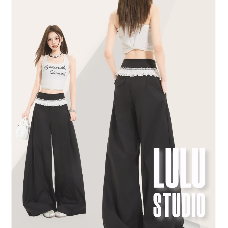LULU家 黑色蕾丝翻边阔腿裤牛仔裤