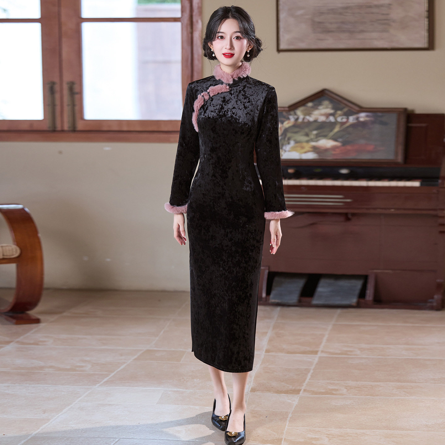新老上海复古风黑色丝绒旗袍气质名媛高端修身长款毛领冬款连衣裙