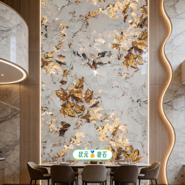 意式轻奢潘多拉金天然微晶透光奢石玄关背景墙客厅电视形象墙定制