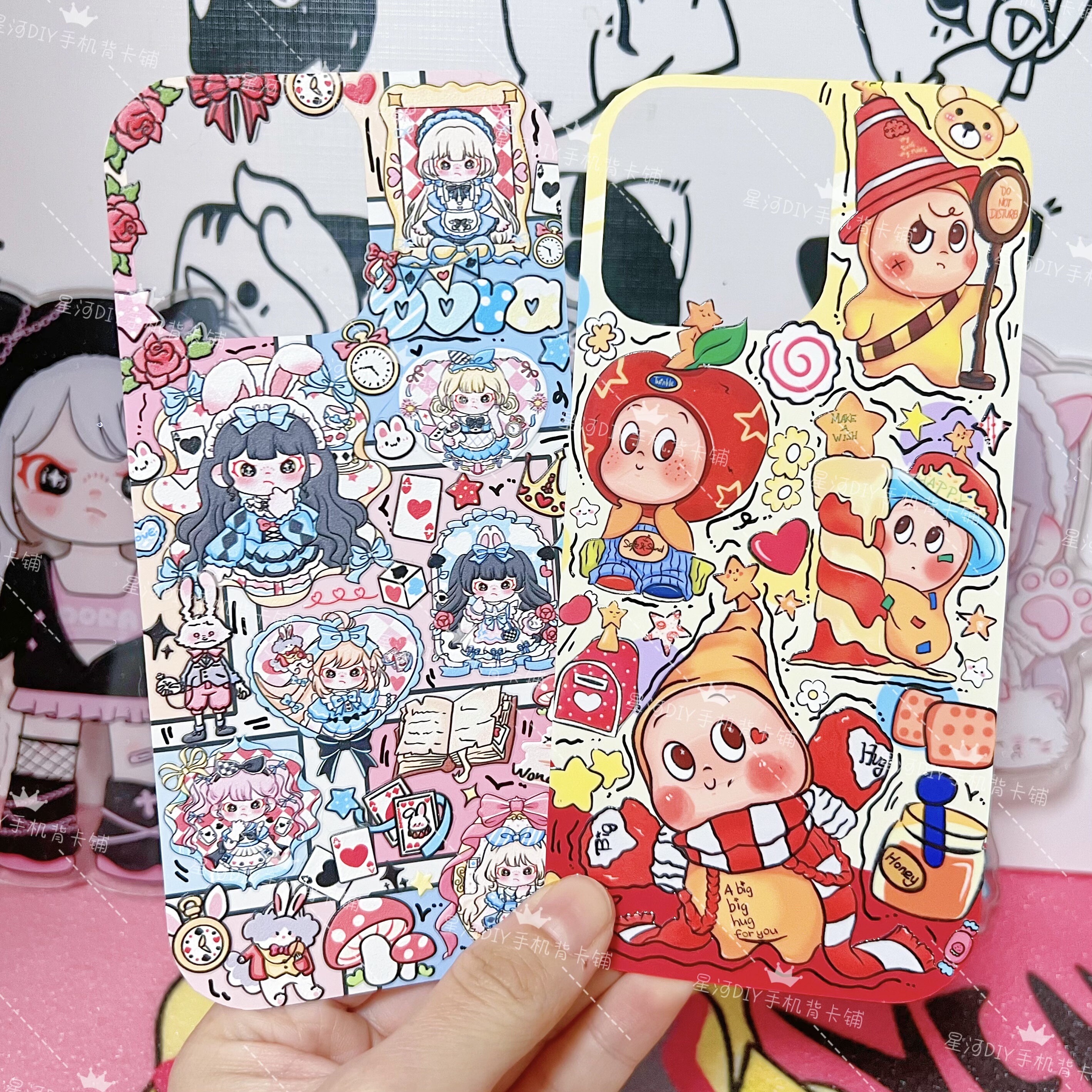 16pm手机背卡现货星星人朵拉苹果原创手绘贴纸DIY手工品