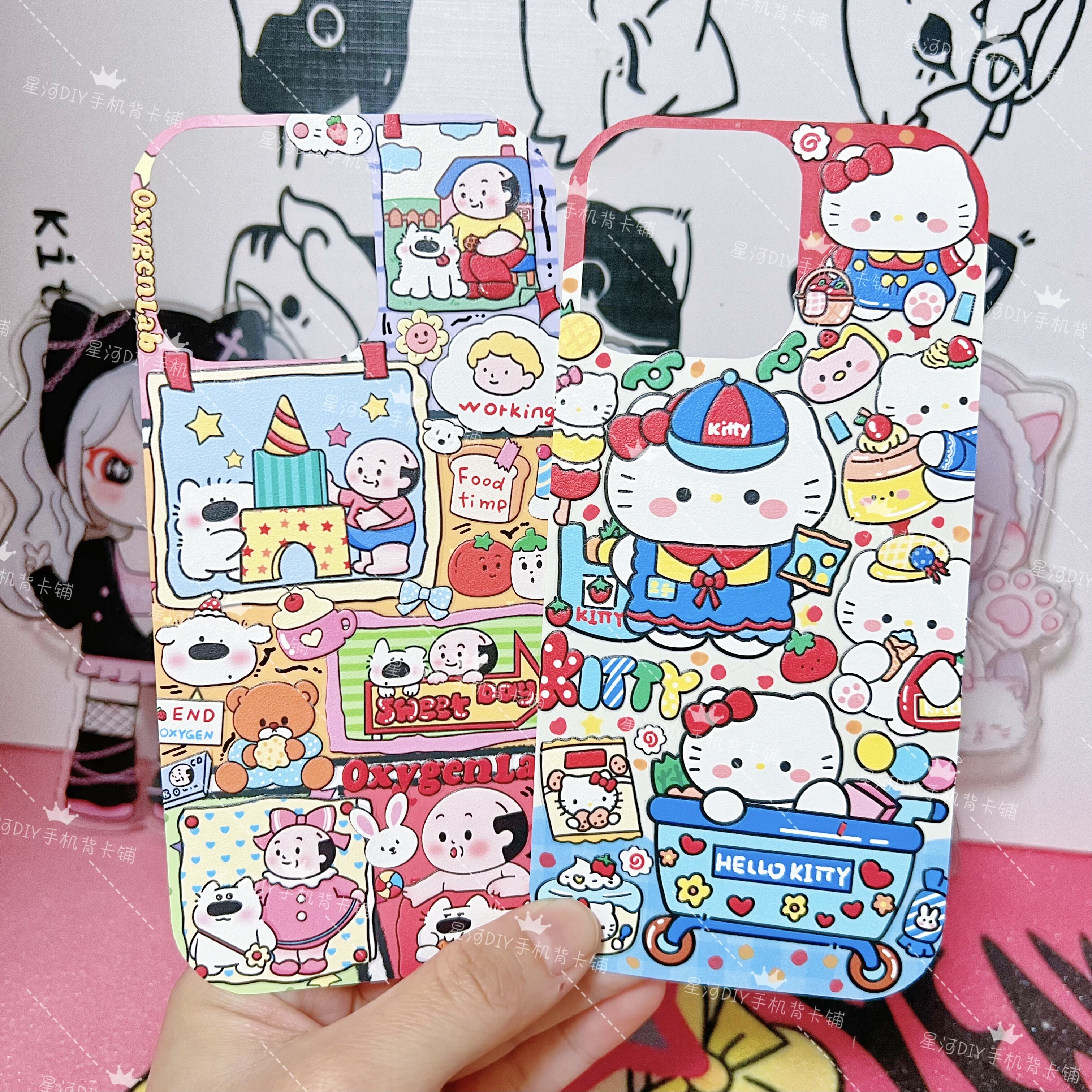 16pm手机背卡现货kitty氧气老头苹果原创手绘贴纸DIY手工品