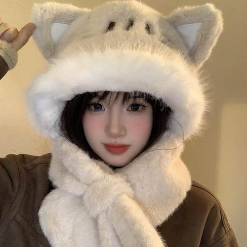 狐狸耳朵毛绒帽子围巾一体
