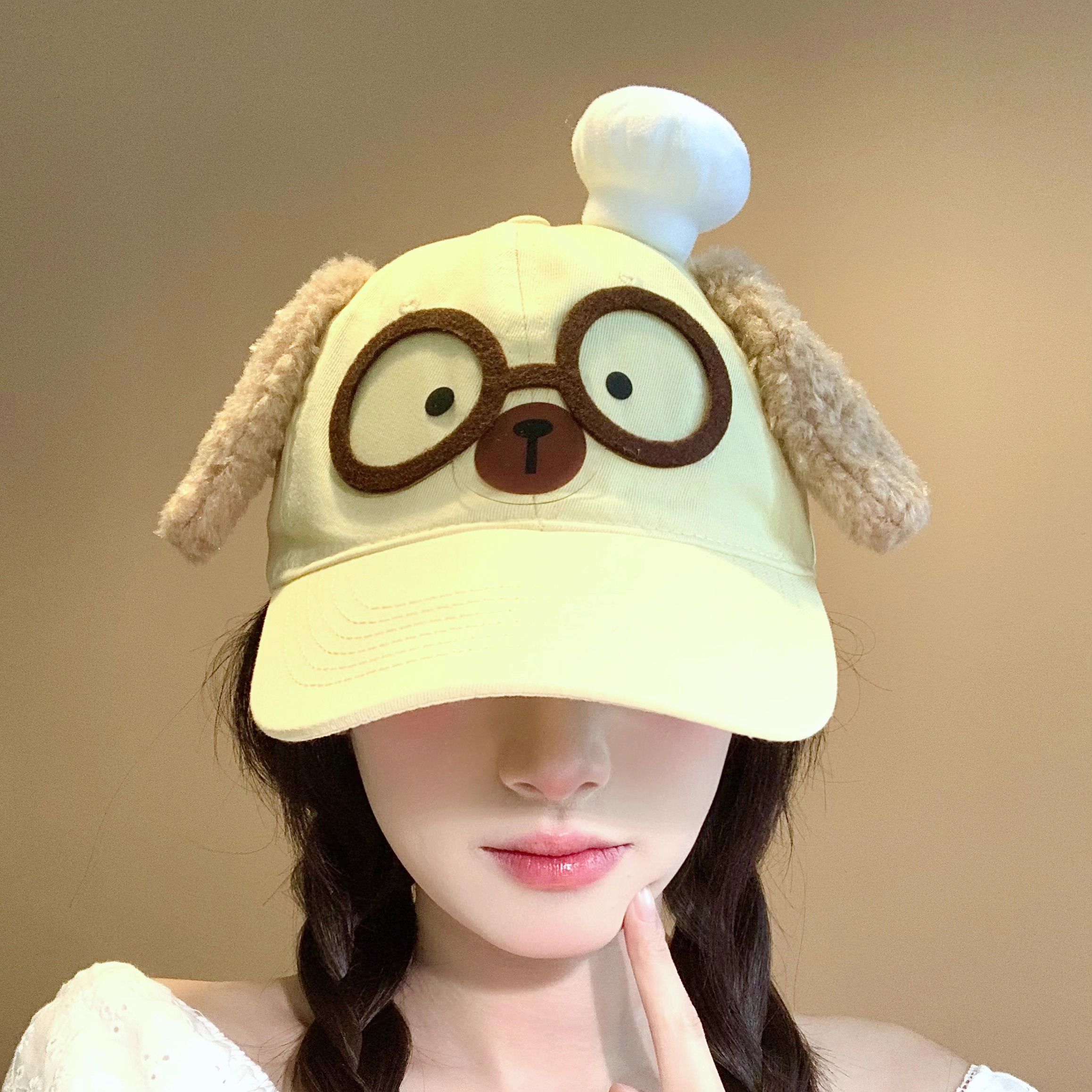 日系甜美可爱眼镜小狗耳朵棒球帽卡通鸭舌帽宽帽檐显脸小黄色帽子