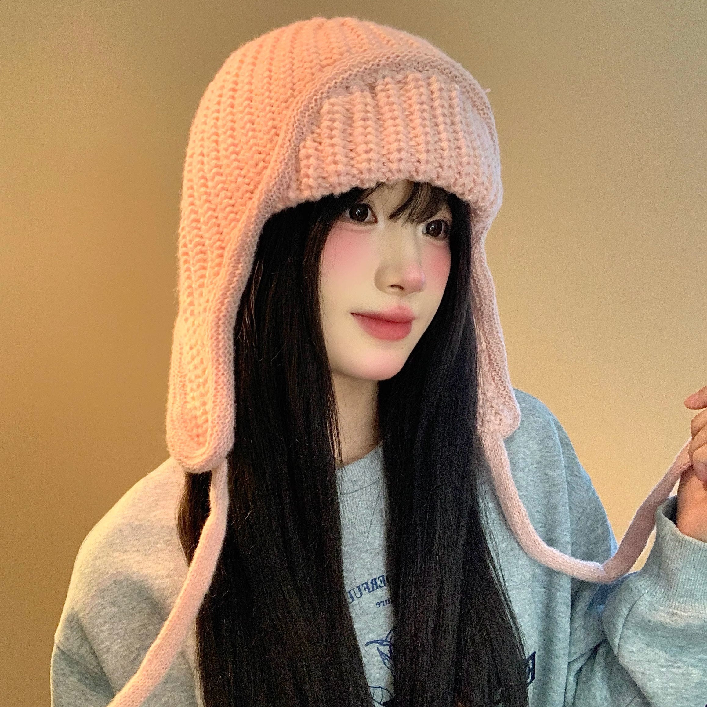 粉色护耳飞行帽针织毛线帽女