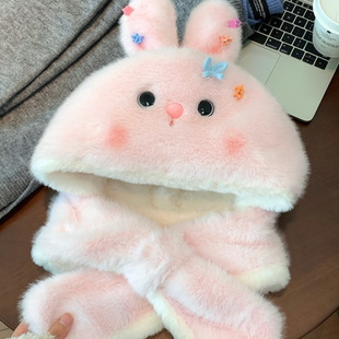 可爱粉色发夹兔子耳朵毛绒帽子围巾一体女冬季保暖加厚护耳雷锋帽