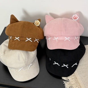 咖色可爱猫耳朵贝雷帽子女秋冬季大头围报童帽百搭显脸小八角帽冬