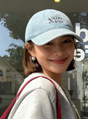 蓝色牛仔棒球帽子女2026新款韩系大头围宽檐显脸小刺绣软顶鸭舌帽