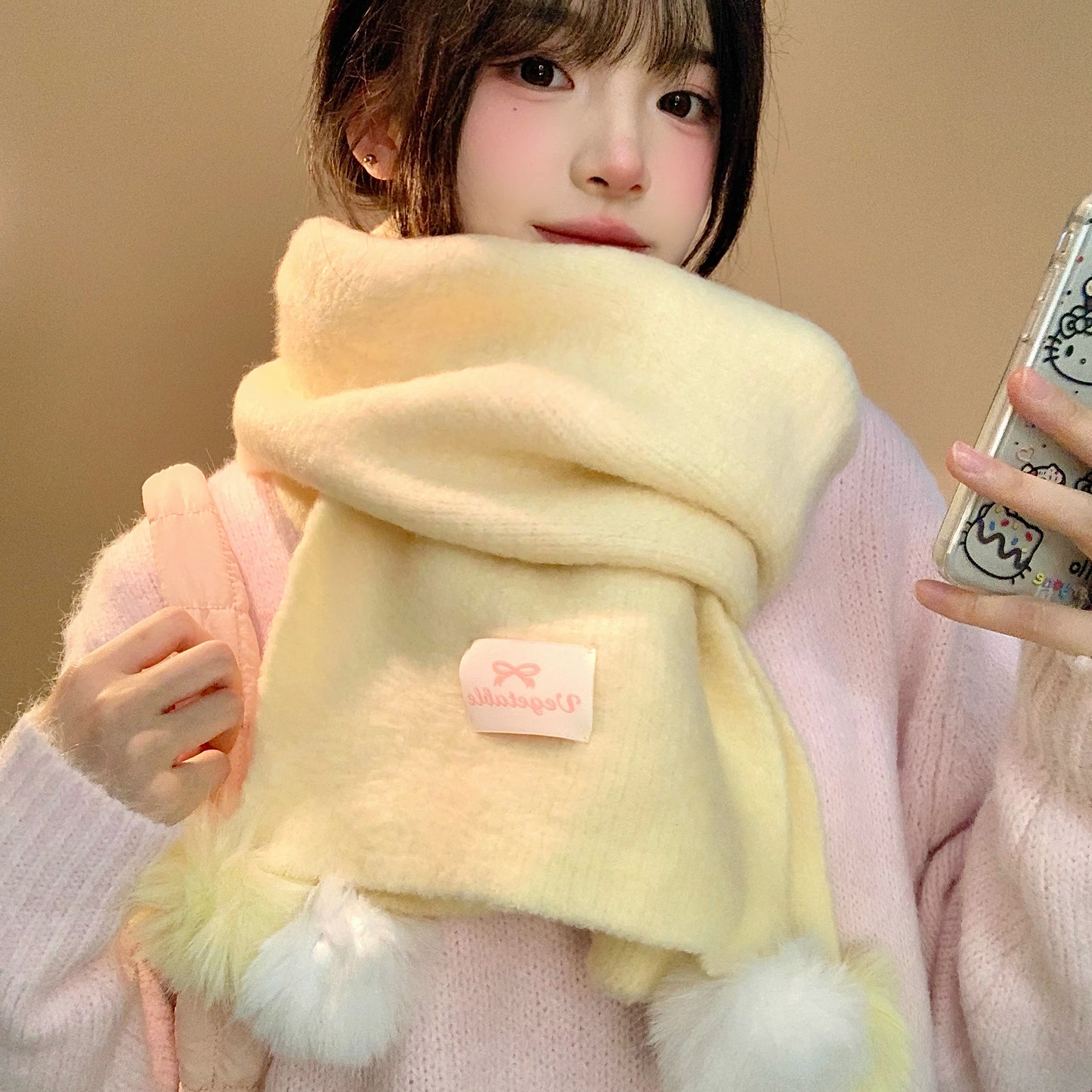 韩系氛围感黄色毛球针织围巾女