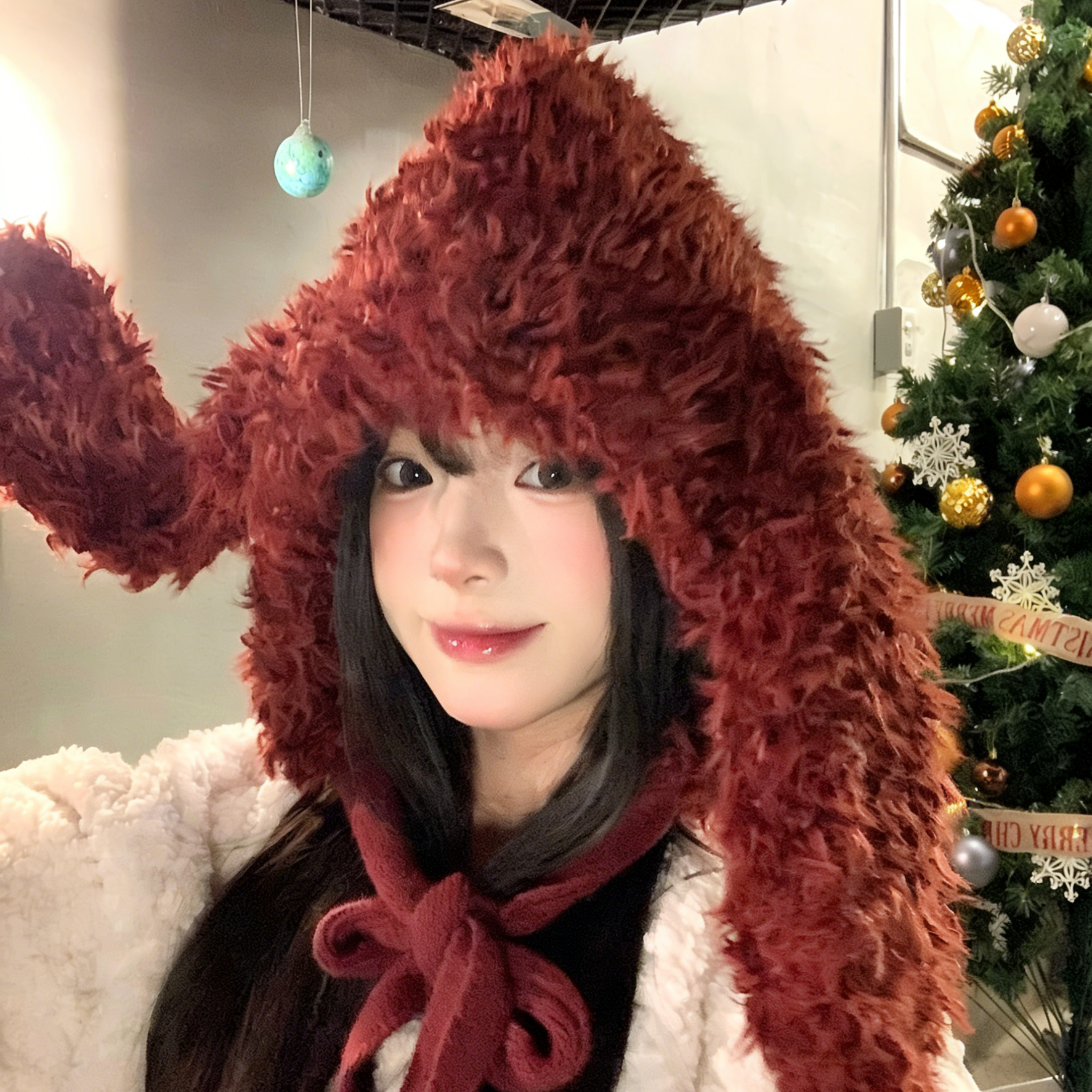 红色喜庆羊羔绒兔子耳朵雷锋帽子