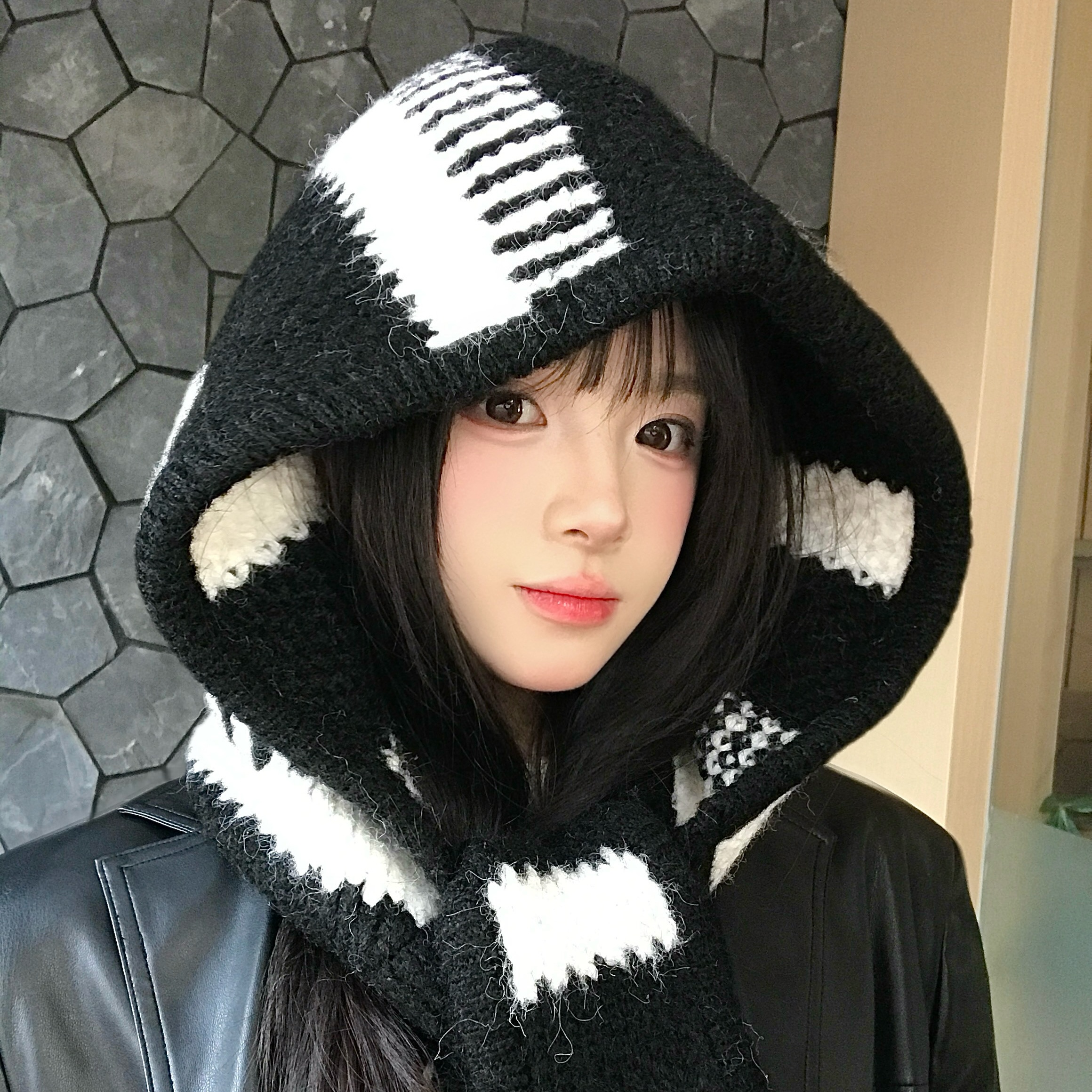 黑白条纹针织巴拉克拉法帽女秋冬帽子围巾一体加厚保暖防寒套头帽