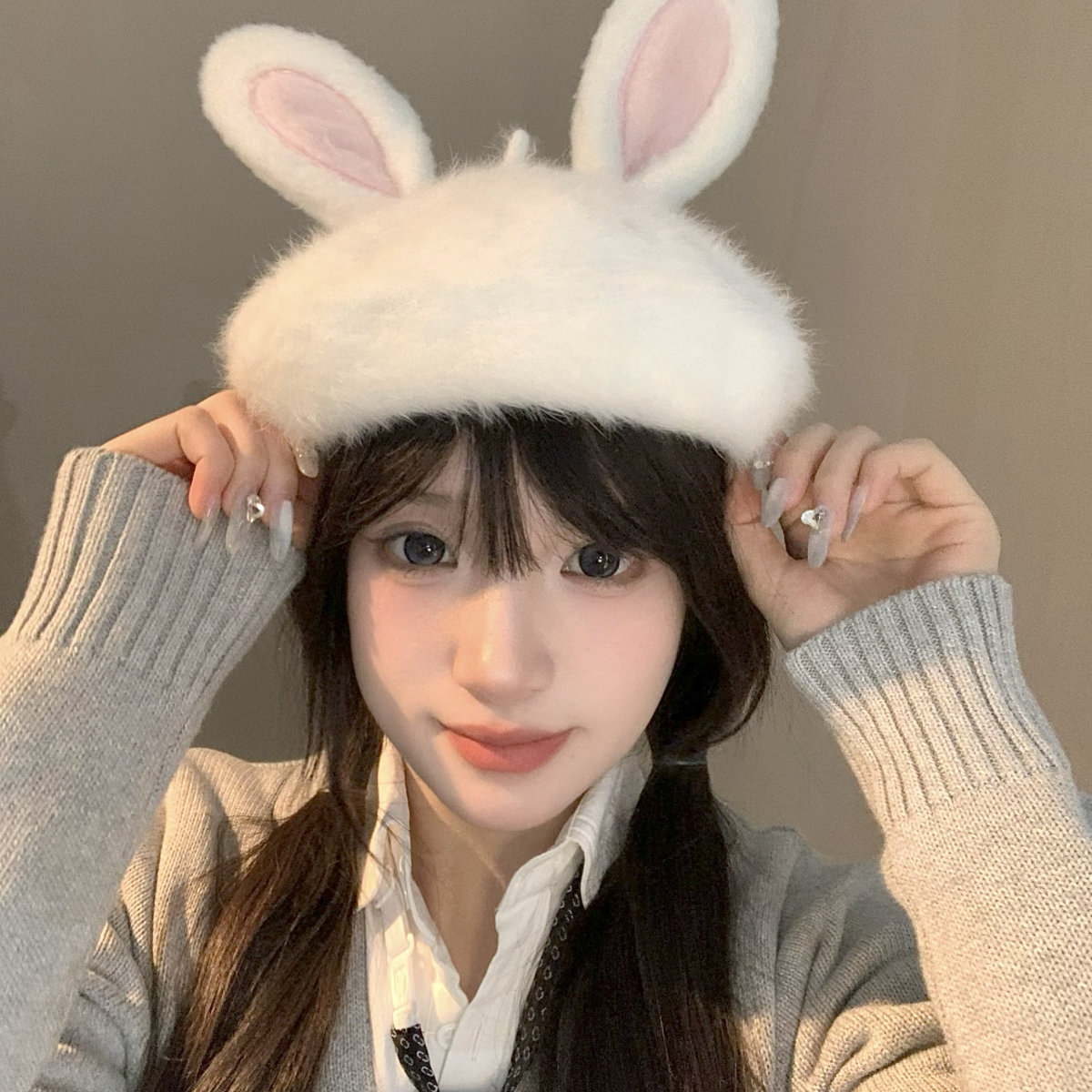 日系毛茸茸兔耳朵贝雷帽学生女甜美可爱帽子保暖针织包头帽子