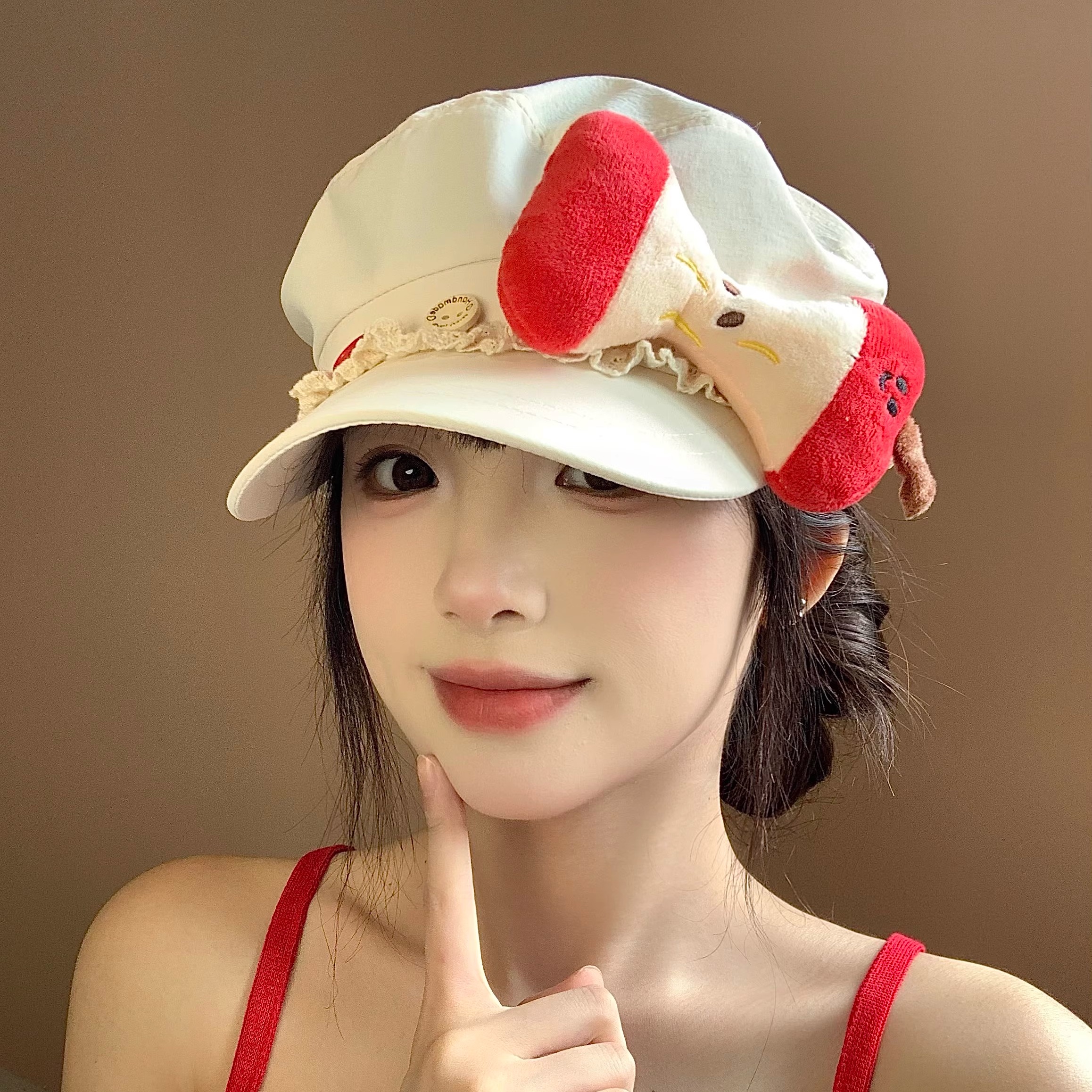 可爱苹果夏季贝雷帽女透气日系大头围显脸小遮阳防晒云朵画家帽子
