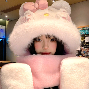 粉色可爱小猫爪蝴蝶结毛绒帽子围巾手套一体女保暖冬季防寒三件套