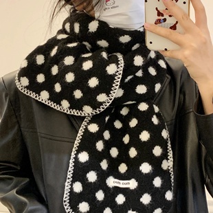 黑色双面波点软糯毛绒针织围巾女秋冬保暖韩系氛围感学生护颈围脖