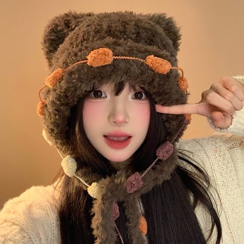 卡通小熊耳朵毛绒帽子针织护耳帽