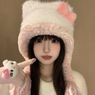 粉色蝴蝶结加绒法拉帽女生高颜值秋冬甜美加厚保暖流苏小熊针织帽