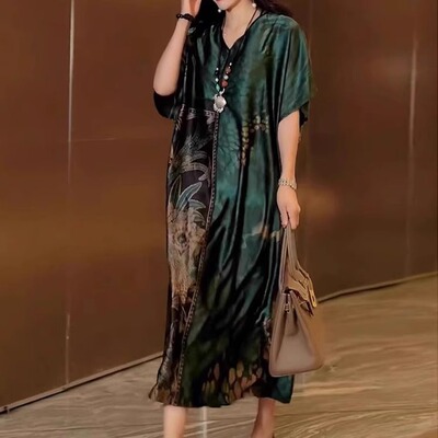 杭州外贸返单清货处理真丝桑蚕丝大码复古V领气质高端遮肚长裙子